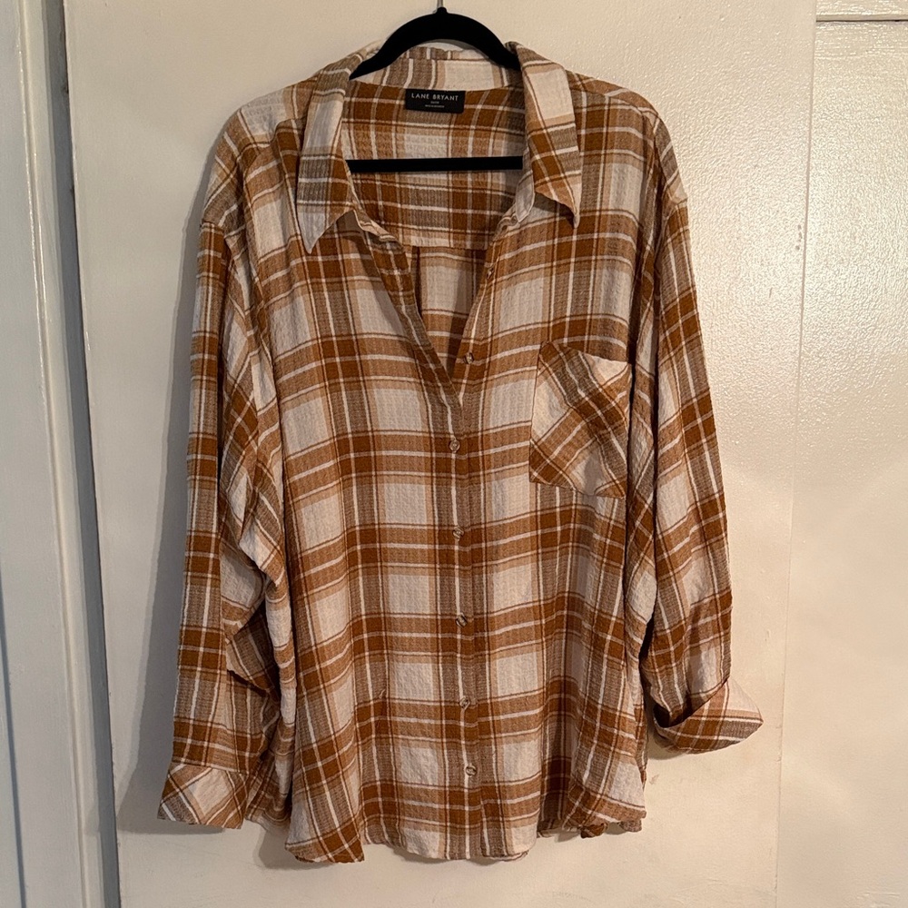 Lane Bryant Brown and White Plaid Button-Up Shirt